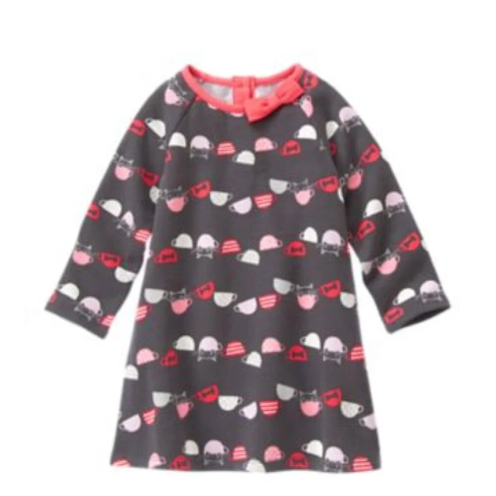Gymboree Baby Toddler Girls Kitty Cat Tea Cup Long Sleeve Fleece Dress 12-18 mon